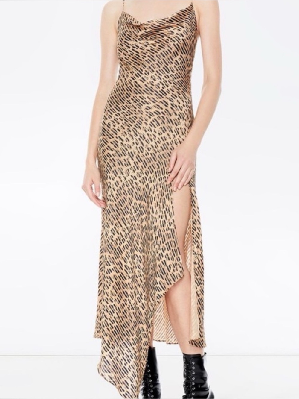 NWT En Creme satin leopard slip dress slit strappy Medium